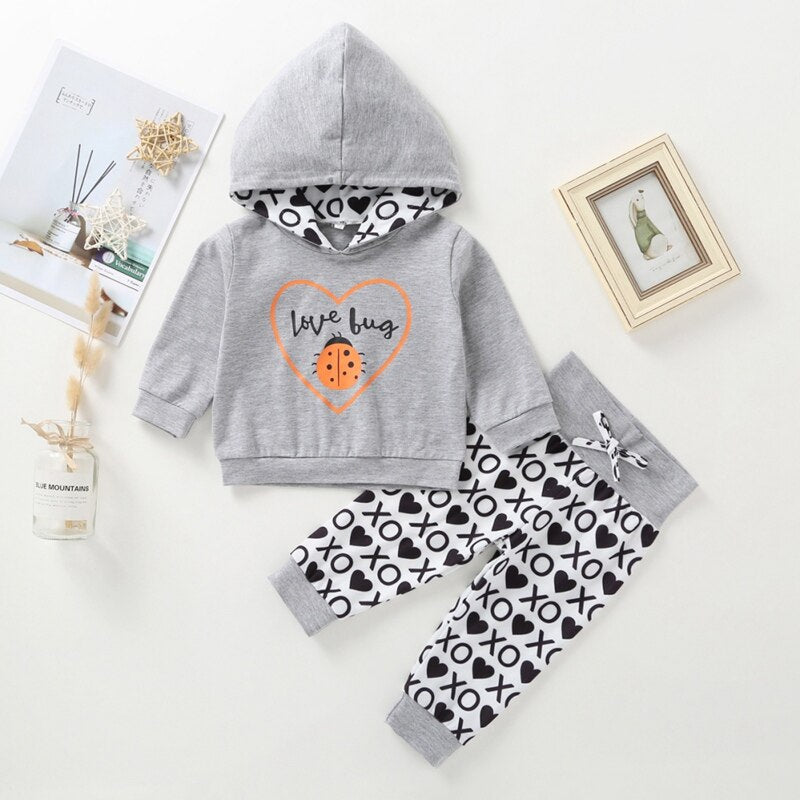 0-24M Autumn Baby Boys Girls Long Sleeve Cartoon Print Hoodie Sweatshirt Tops+Pants Trouser Costume Set