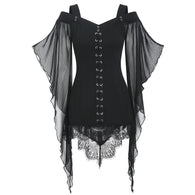 2019 Halloween Sexy Mesh Witch Female Tops Casual Long Sleeve Lace Tie Patchwork Women Tops Blusas Shirts Vintage Blusa Feminina