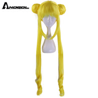 Anogol Anime Sailor Moon Long Straight Double Braids Lemon Yellow Blonde Synthetic Cosplay Wig For Halloween Party Costume