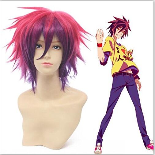 Anogol No Game No Life Sora 30 cm Short Straight Pink Mix Purple Synthetic Costume Cosplay Wig For Halloween Party Role Play