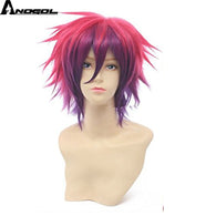 Anogol No Game No Life Sora 30 cm Short Straight Pink Mix Purple Synthetic Costume Cosplay Wig For Halloween Party Role Play