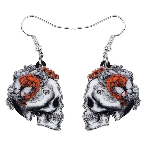 Bonsny Acrylic Halloween Floral Skull Skeleton Earrings Drop Dangle Jewelry For Women Girls Teen Party Decoration Gift Accessory