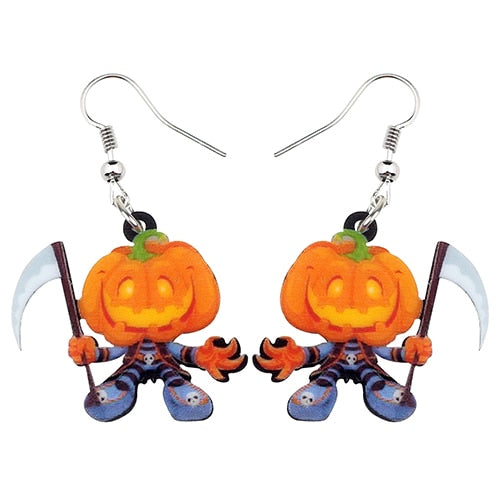 Bonsny Acrylic Halloween Smile Pumpkin Reaper Earrings Drop Dangle Cartoon Decoration Jewelry For Women Girls Teens Accessories