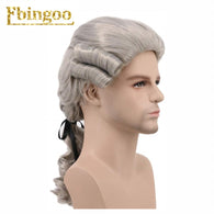 Ebingoo Grey Black White Lawyer Judge Baroque Curly Male Costume Wigs Deluxe Historical Long Synthetic Cosplay Wig for Halloween