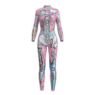 Fashion Trend Halloween Skeleton Print Scary Costume Full Sleeve Lange Sexy Strech Cosplay Jumpsuit Bodysuit