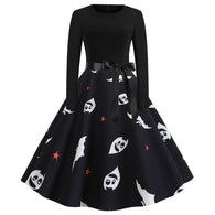 Fashion Vintage Women'S Dress Halloween Print Ruched Bow Sexy Dress For Women Long Sleeve Ladies Party Dresses Robe Femme#H20