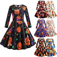 Fast Sending Girl Women Long Sleeve Pumpkins Skull Halloween Dresses Evening Prom Costume Swing Dress Party Props DropShipping