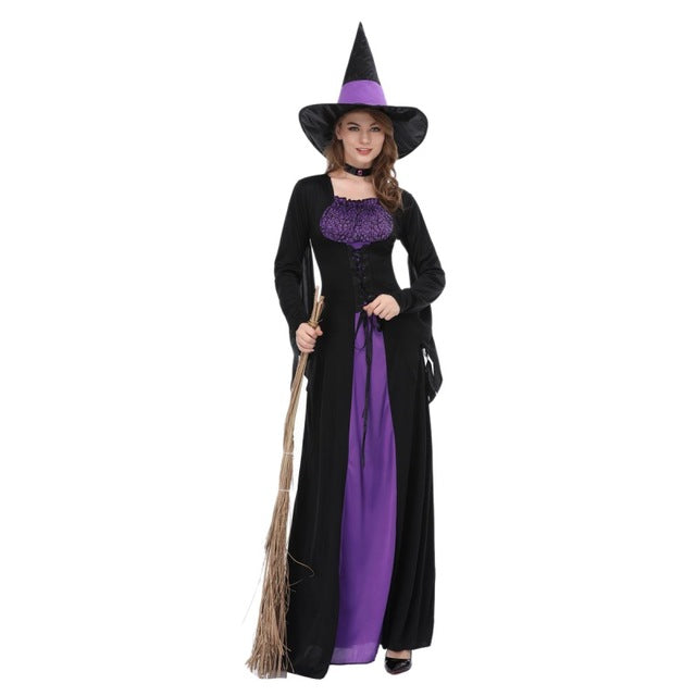 Female Halloween Witch Plus Size Long Dress Cosplay Costume Autumn Winter Party Dresses with Bib And hat 1 set 2018