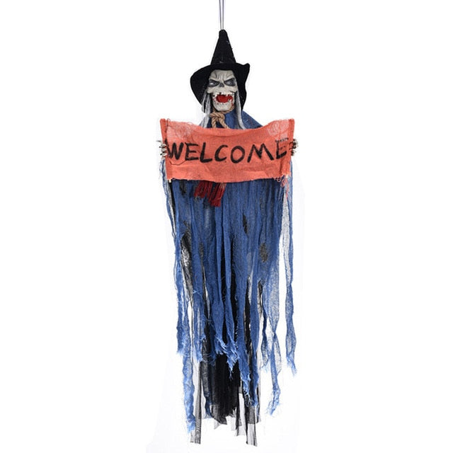 Ghost Welcome Sign Escape Horror Props Haunted House Decor Halloween Prop Electric Voice Hanging Skull Skeleton
