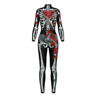 Halloween Digital Print Thorn Red Rose Body Skeleton Ladies Terror Tight Plus Size Women's O-Neck Breathable Bodysuit New