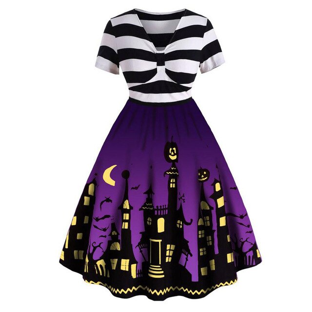 Halloween Dresses Woman Party Night Sexy V Neck Short Sleeve Women Dress Elegant Vintage Knotted Swing Dress Women Clothes