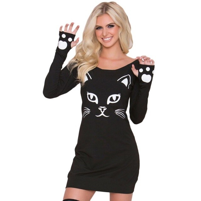 Halloween Printed Dress Slash Neck Long Sleeve Dress Horror Skeleton Slim Dress
