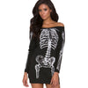 Halloween Printed Dress Slash Neck Long Sleeve Dress Horror Skeleton Slim Dress