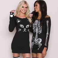 Halloween Skull Print Cat Print Dress Sexy Club Bodycon Long Sleeve Off Shoulder Mini Dress Vestido