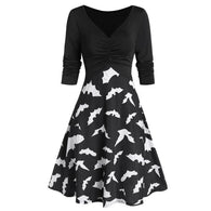 Halloween V Neck Sexy Dress Women Long Sleeve Autumn Dress Women Floral Print Elegant Swing Dresses Woman Party Night Платье
