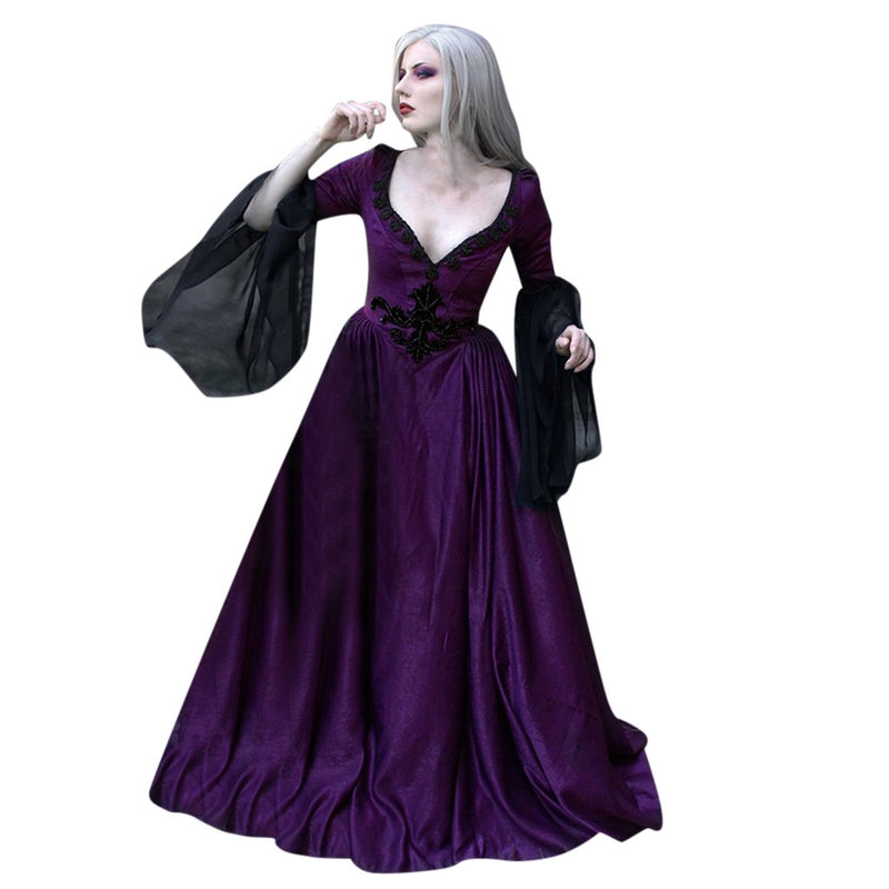 Halloween Women gothic Long Dress 2019 Winter Medieval vintage dress Patchwork Lace Sexy Deep V-Neck dresses woman party night