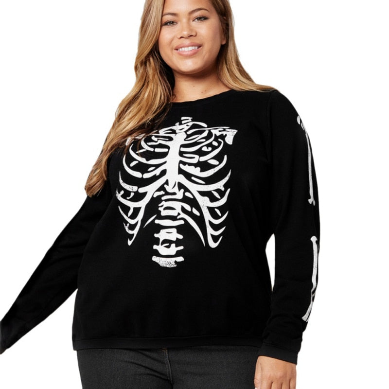 Halloween Women's New Skeleton Print Long Sleeve T-Shirt Solid Color Halloween T-Shirt