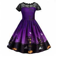 Kids Girls Sexy Short Sleeve Lace Halloween Retro Lace Vintage Dress A Line Pumpkin Swing Dress Party Costume