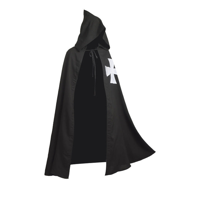 Knights Medieval Cloak Black Vintage Hospitaller Crusader Tunic Cape Men Gothic White Cross LARP Halloween Cosplay Costume