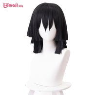 L-email wig Demon Slayer Iguro Obanai Cosplay Wigs Kimetsu no Yaiba Black Short Halloween Cosplay Wig Synthetic Hair Perucas