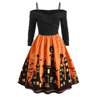 Plus Size Halloween Bat Print Dress Women Vintage Party Dress Retro Spaghetti Strap Sleeveless Midi Dresses Vestido 5XL #B