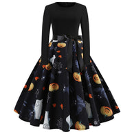 Swing Dress Halloween Evening Party Elegant Sexy Dresses Print Black Vintage Women Pumpkin Long Sleeve Mujer Vestidos Robe Femme