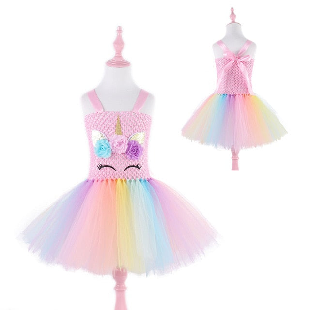 Tulle Girls Unicorn Dress Pink Rainbow Princess Girls Birthday Party Dress Children Kids Halloween Unicorn Costume 3 6 8 10 12T