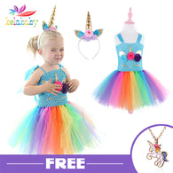 Tulle Girls Unicorn Dress Pink Rainbow Princess Girls Birthday Party Dress Children Kids Halloween Unicorn Costume 3 6 8 10 12T