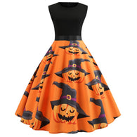 Vintage Sexy Swing Dress Autumn Party Prom Pumpkin Printed Evening Womens Ladies O Neck Sleeveless Vestidos Halloween Ropa Mujer