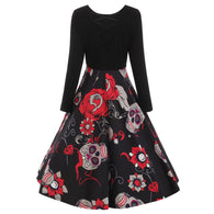 Women Dress Halloween Robe Vestidos Elegant Fashion Femme Skull Print Lace Long Sleeve Evening Party Sexy Spring Vintage Elbise
