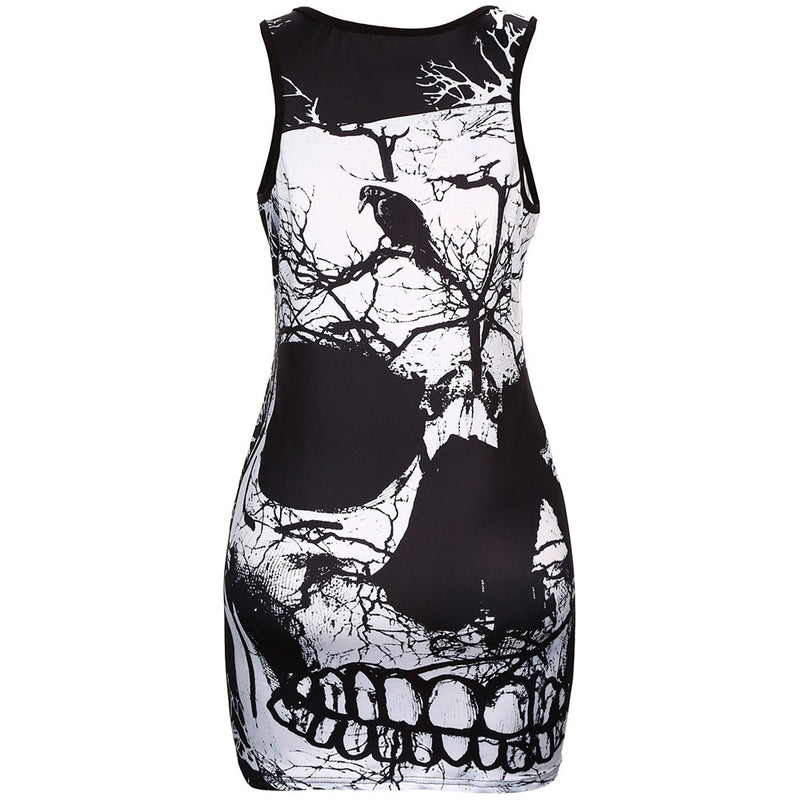 Women Dresses Summer 2019 Vintage Skull Printed Sexy Sleeveless O-neck  Loose Casual Halloween Party Beach Style Mini Dress #B