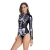 Women Vintage Skeleton Rose Print Scary Costume Black Skinny Jumpsuit Bodysuit Halloween Cosplay Suit Stretchy Outfit Femme COS