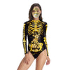 Women Vintage Skeleton Rose Print Scary Costume Black Skinny Jumpsuit Bodysuit Halloween Cosplay Suit Stretchy Outfit Femme COS