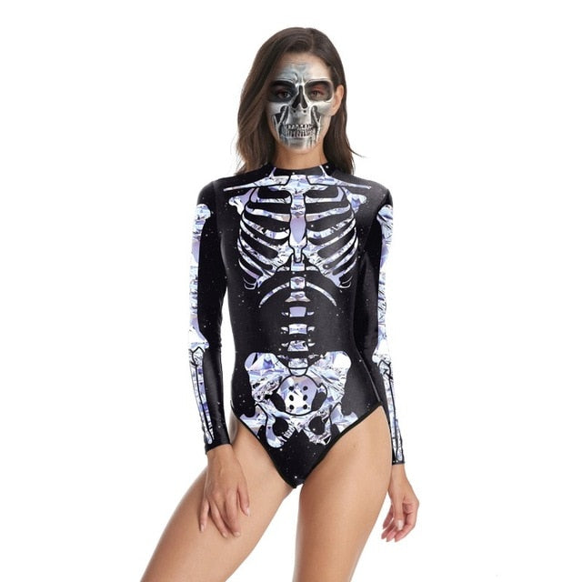 Women Vintage Skeleton Rose Print Scary Costume Black Skinny Jumpsuit Bodysuit Halloween Cosplay Suit Stretchy Outfit Femme COS