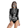 Women Vintage Skeleton Rose Print Scary Costume Black Skinny Jumpsuit Bodysuit Halloween Cosplay Suit Stretchy Outfit Femme COS