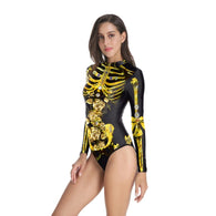Women Vintage Skeleton Rose Print Scary Costume Black Skinny Jumpsuit Bodysuit Halloween Cosplay Suit Stretchy Outfit Femme COS
