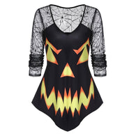 Womens Halloween T-Shirt Top Autumn Pumpkin Face Print Spider Web Lace  Long Sleeve Casual Tee Tops Sexy Costume Sudadera Mujer
