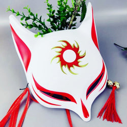 apanese Style Anime Fox Mask With Tassels And Small Bells Upper Half Face Covered Surface Painted With High Quality Dye